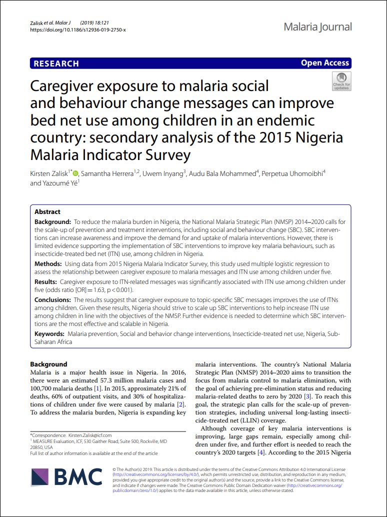 Caregiver exposure to malaria social and behaviour change messages can improve bed net use among children in an endemic country: secondary analysis of the 2015 Nigeria Malaria Indicator Survey