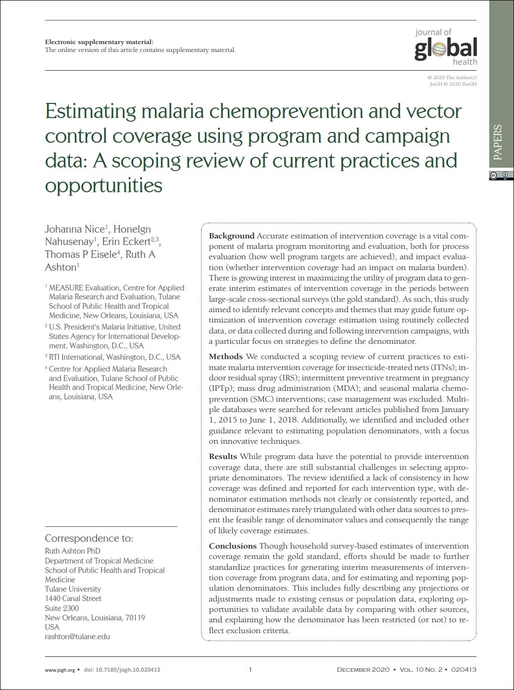 Estimating malaria chemoprevention and vector control coverage using program and campaign data: A scoping review of current practices and opportunities