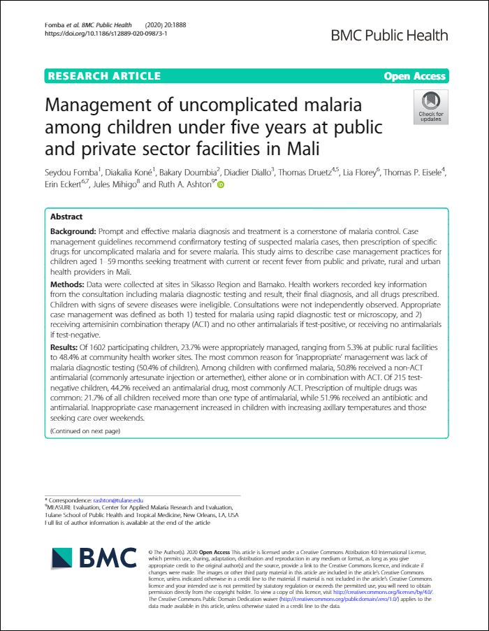 Management of uncomplicated malaria among children under five years at public and private sector facilities in Mali